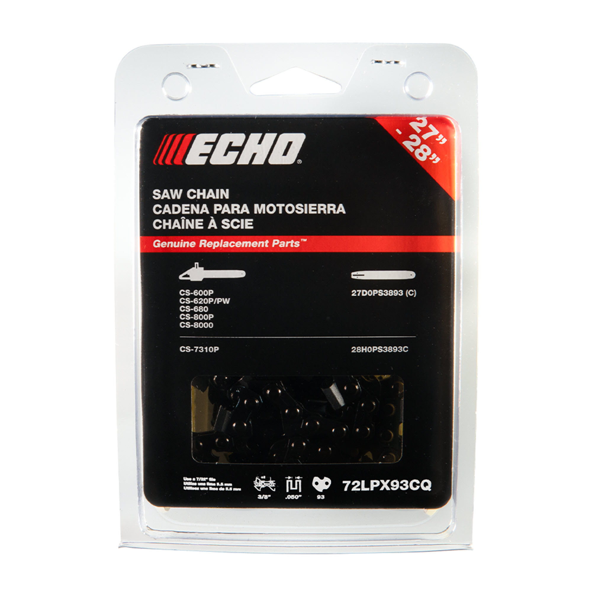 ECHO, 27/28" 72LPX replacement chain, 93 drive links, Pitch 3/8", Guage 0.050", Fits ECHO chainsaws CS-620P, CS-620PW, CS-680, CS-7310P, CS-7310PW & CS-800P, Compatible with ECHO guide bars 27D0PS3893C & 28H0PS